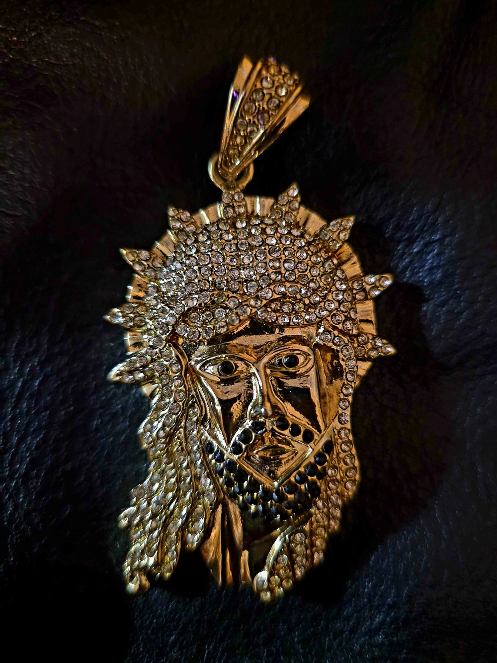 Source Unknown Gold and Black Clear Crystal Jesus Head Pendant - Men Accessories